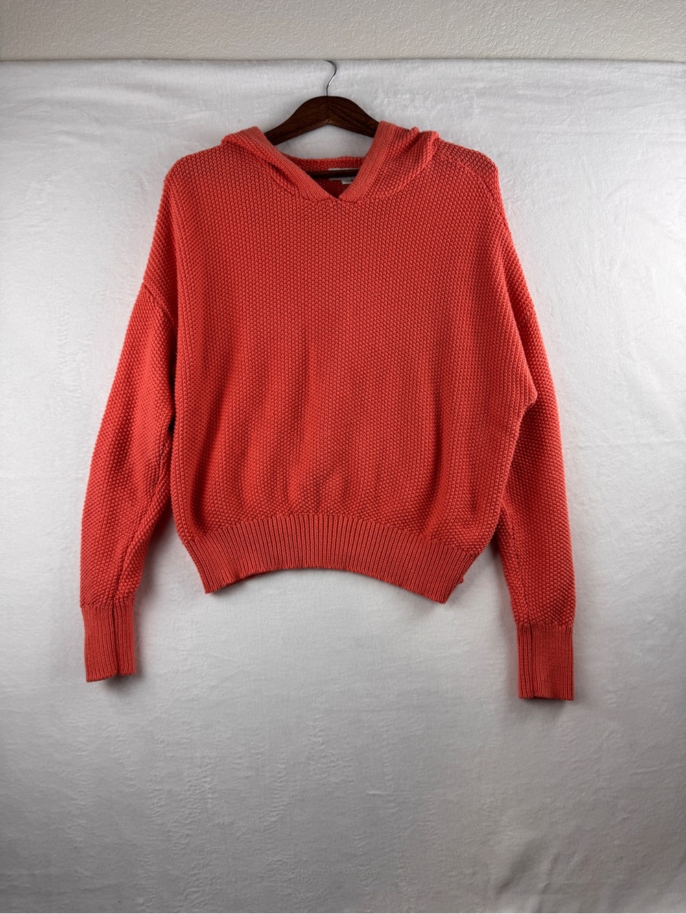 Lucky Brand Boho Hooded Sweater | Coral V-Neck Lightweight Knit Pullover Size M